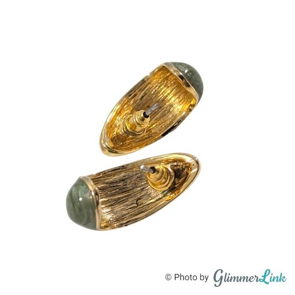 VTG 80s Elongated Domed Oval Semi Hoop Green Enamel Swirl Gold Tone Earrings - Picture 6 of 7